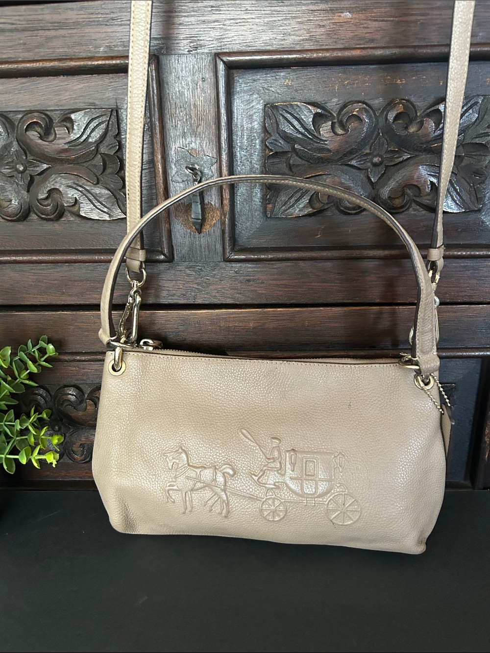 Coach Leather Crossbody Bag in Taupe with Embossed Carriage